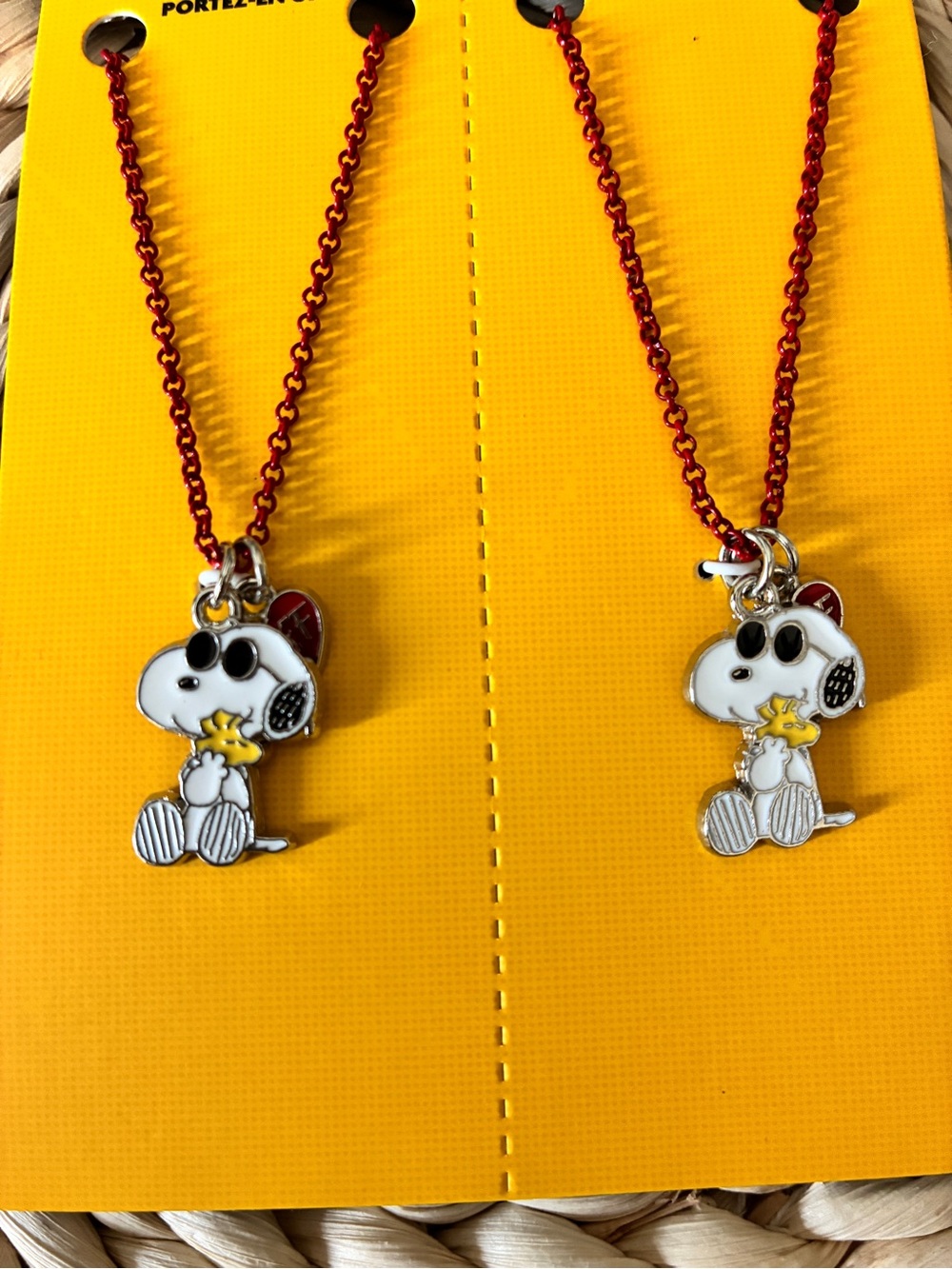 Pair of 2 Snoopy Woodstock BFF Heart Necklaces Red Chain Lobster Claw Clasp NEW - Picture 2 of 6